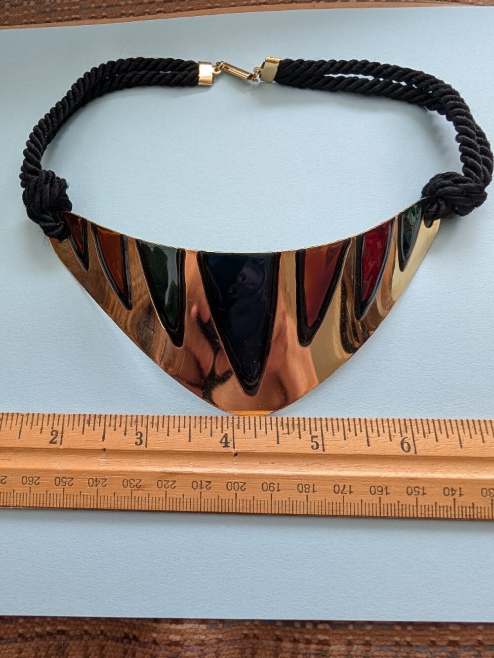 Vintage 80's Metal Colorful Enameled Choker with silk rope and metal clasp